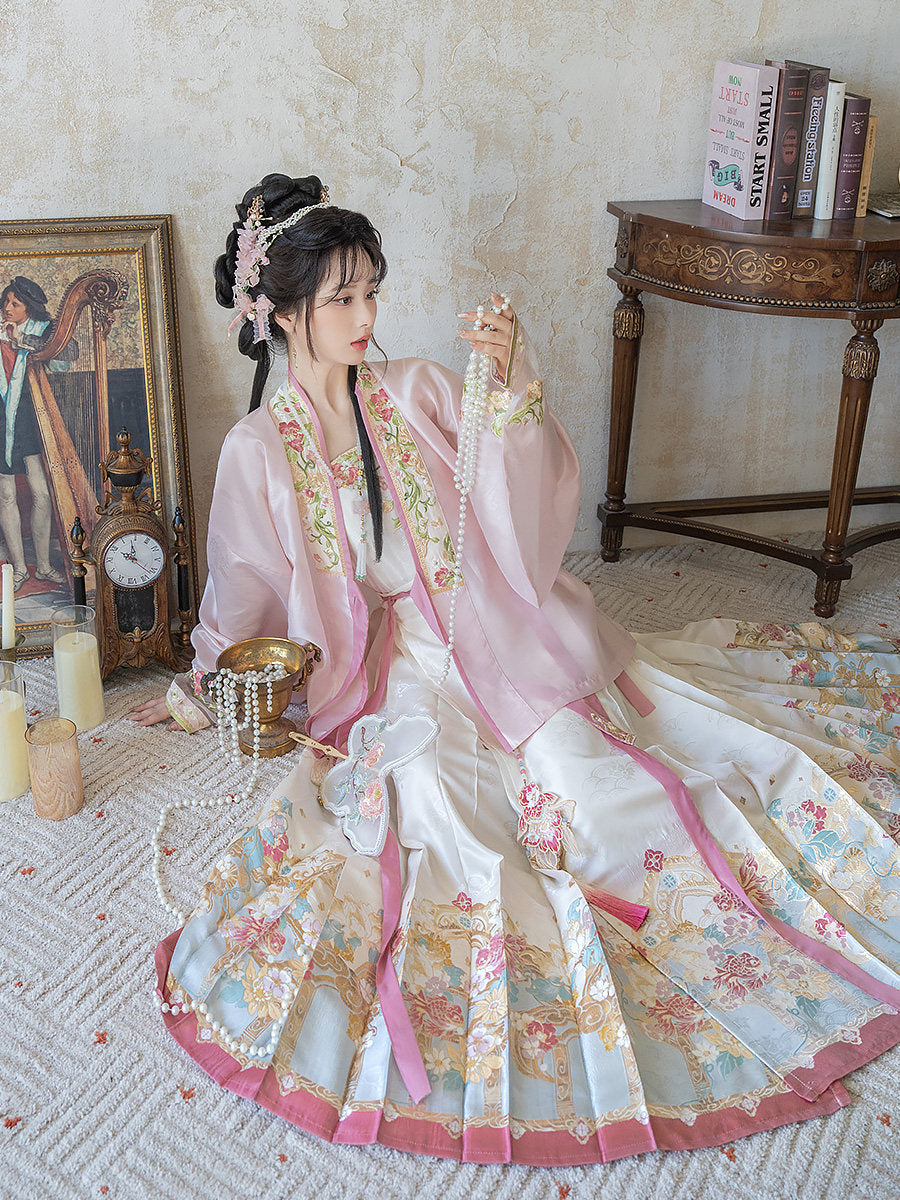 Ming Dynasty Spring Hanfu Set with Pink Mamian Skirt for Women | Peach Blossoms of Antiquity 博古桃花