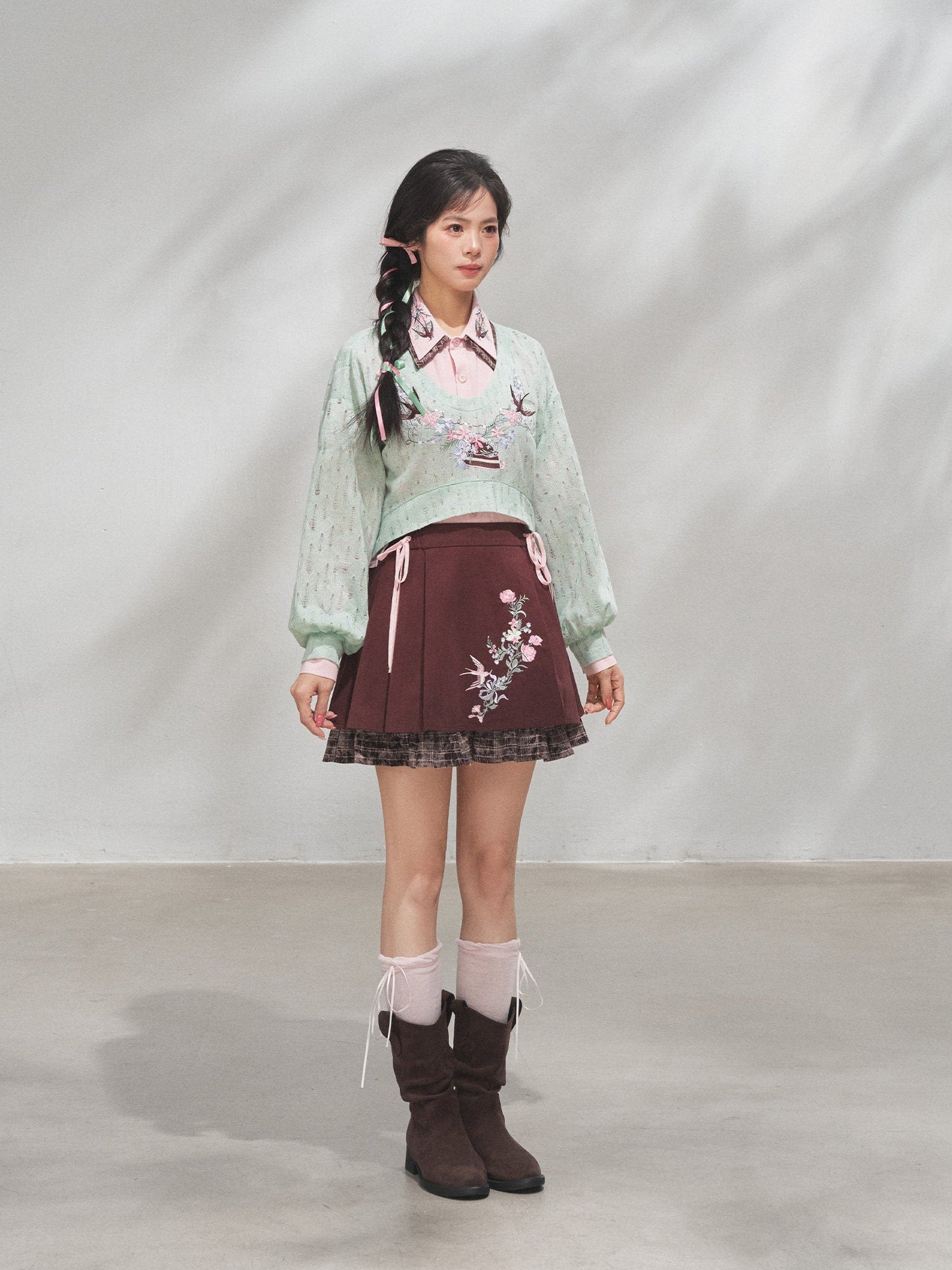 Hanfu Inspired Chinese Style Blouse & Retro Knit Mini Skirt Set 春日巴斯克