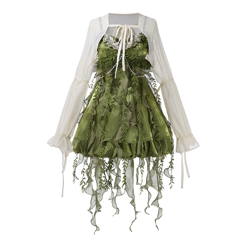 New Chinese Style Forest Green Slip Dress and Cardigan for Summer - Wizard of Oz 绿野仙踪