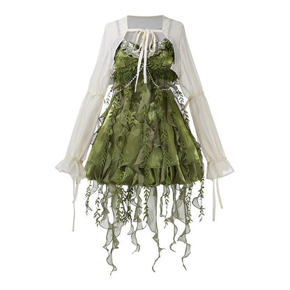 New Chinese Style Forest Green Slip Dress and Cardigan for Summer - Wizard of Oz 绿野仙踪