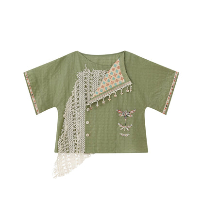 New Chinese Style Dunhuang Summer Blouse and Short Skirt Set - Linglu Sanskrit 菱路梵音