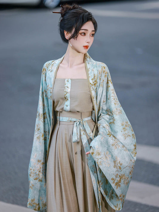 Modern Hanfu Outfit Retro Commuting Set with Cardigan, Camisole & Song-Style Pants - Huaqing 花青 (Preorder)