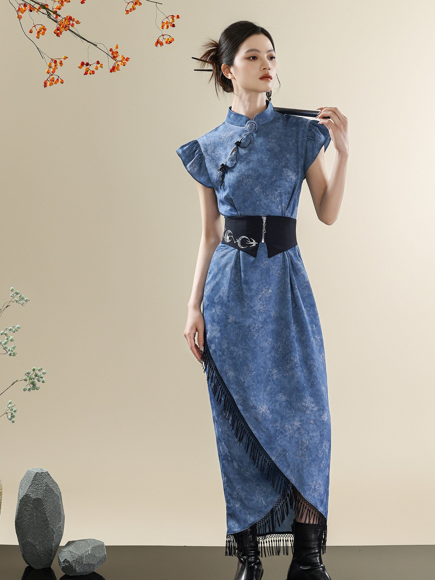 Blue Tie-Dye Modern Qipao Dress | Mandarin Collar Tassel Cheongsam