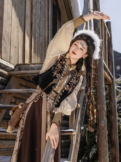 Tang Dynasty and Ethnic Exotic Style Color Blocked Vest and Wrap Skirt - Frontier Ballad 塞上曲 (Preorder)