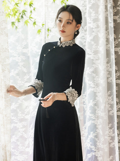 Mid Sleeve A Line Lace Cheongsam | Onyx