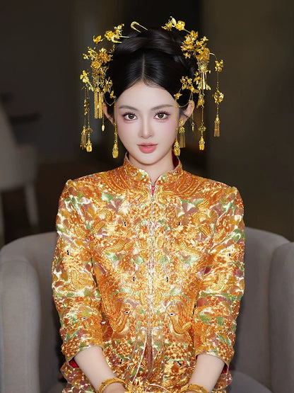 Sparkle - Chinese Bridal Hair Accessories Vintage Gold Tassel Flower Hairpins for Xiuhe and Dragon Phoenix Wedding Dress