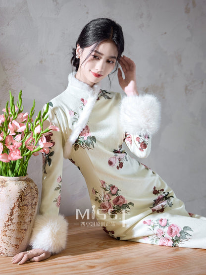 Long Sleeve Fur Trim Long Qipao | Shuying