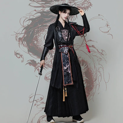 Burning Night 焚夜 - Red and Black Cross-Collar Hanfu Set, Wuxia Style Warrior Robe with Literary & Martial Sleeves (Preorder)