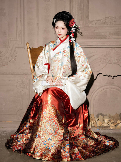 Ming Dynasty White Pipa Sleeve Top & Red Woven Horse Face Skirt | As Wished 如愿