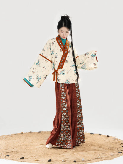 Jin Dynasty Dunhuang Style Women Hanfu Cross Collar Top, Curved Collar Top & Wide Leg Pants - Wall View 壁相观 (Preorder)