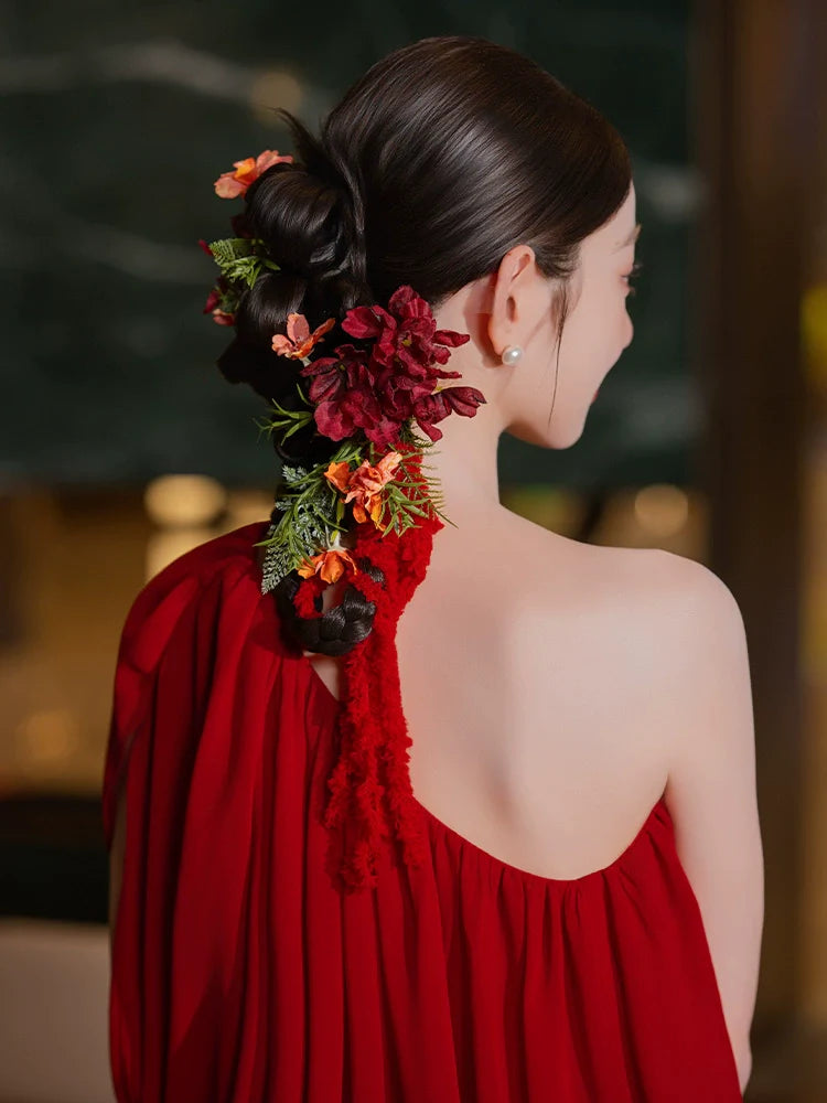 Scarlet Moon - Red Floral Bridal Hair Clips Retro Chinese Wedding Hair Accessories for Qipao and Cheongsam Dress