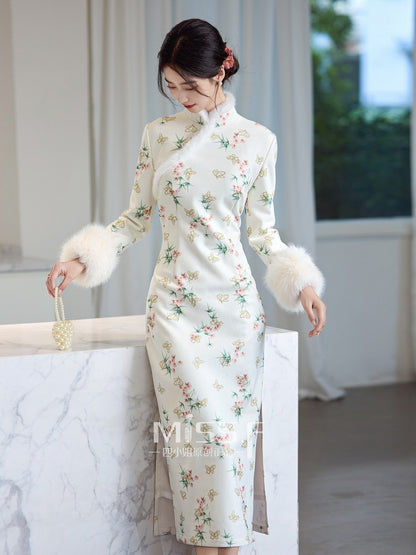 Long Sleeve Fur Trim Midi Qipao | Butterfly Bamboo