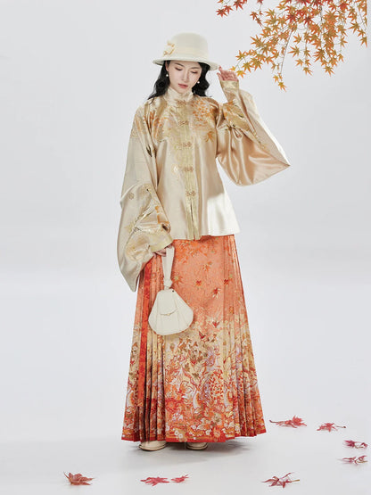 Ming Dynasty Pipa Sleeve Top & Mamian Skirt Hanfu Set | Brewing Golden Autumn 酿金秋