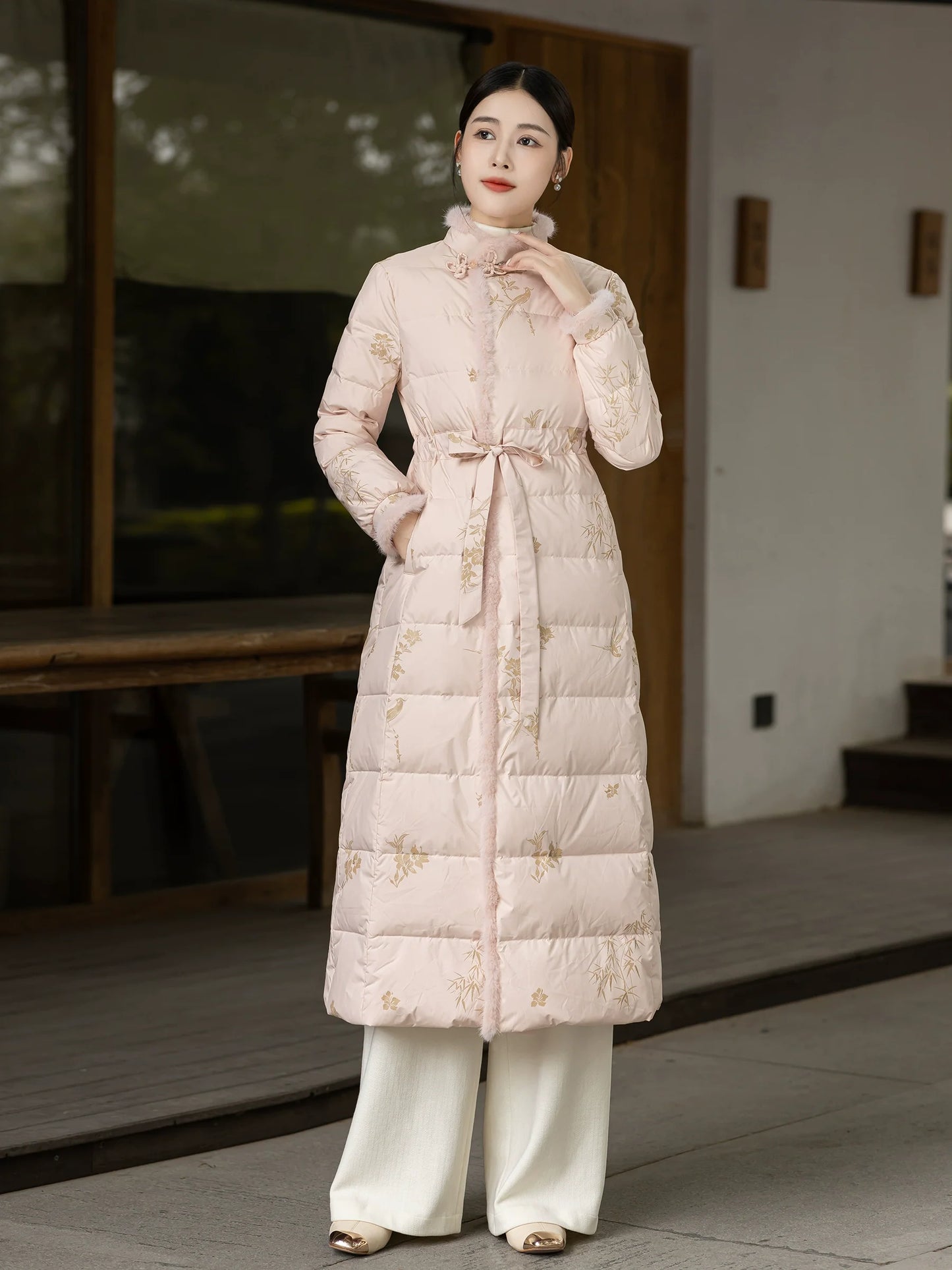Bamboo Poem 竹影禅 - New Chinese Zen-Inspired Down Coat for Women Qipao Hanfu Style Winter Outerwear
