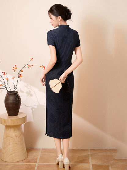 Short Sleeve Midi Cheongsam | Navy