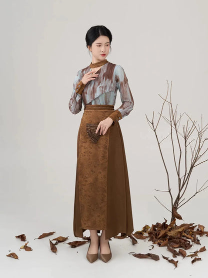 New Chinese Style Women Long Sleeve Top & Asymmetrical Hanfu Inspired Skirt - Luotong Pass 洛潼关 (Preorder)