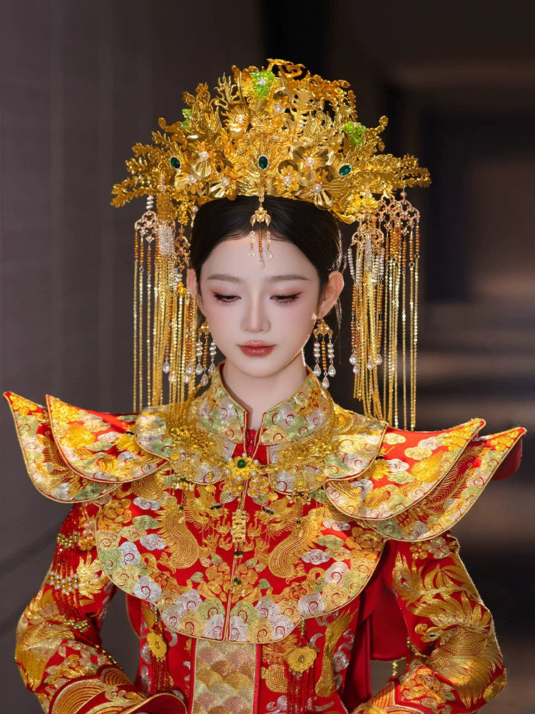 Starlit Phoenix Crown - Gold Bridal Headpiece Chinese Wedding Hair Accessories with Forehead Pendant