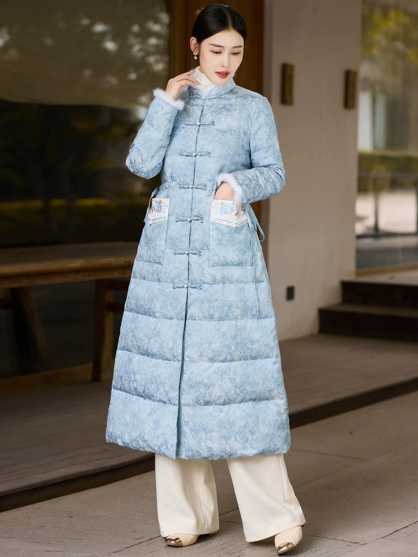 Pine Smoke 松烟客 - Sky Blue Down Coat for Women with Frog Buttons, Qipao-Inspired Winter Outerwear