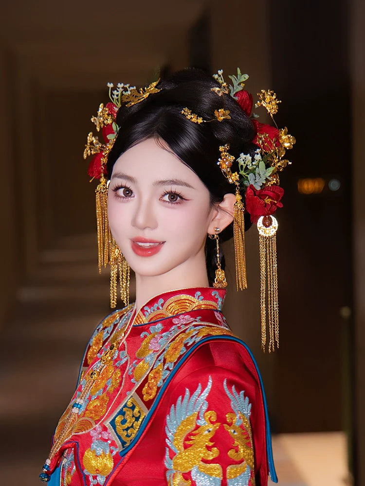 Crimson Phoenix Whisper - Red and Gold Phoenix Bridal Hairpin Vintage Chinese Wedding Headpiece