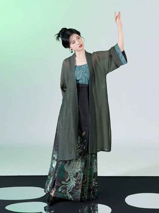 Peacock Feather Chinese Blouse & Mamian Skirt Outfit - modern Ming-inspired hanfu, detail view
