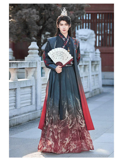 Crimson Flame 赤焰 - Unisex Wei-Jin Style Hanfu Robe with Cross Collar, Cool Heroic Ancient Style Outfit