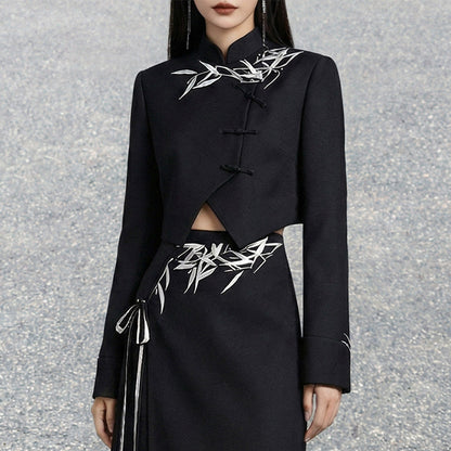 New Chinese Style Black Bamboo Leaf Print with Irregular Hem Crop Suit and Slit Skirt (Preorder)