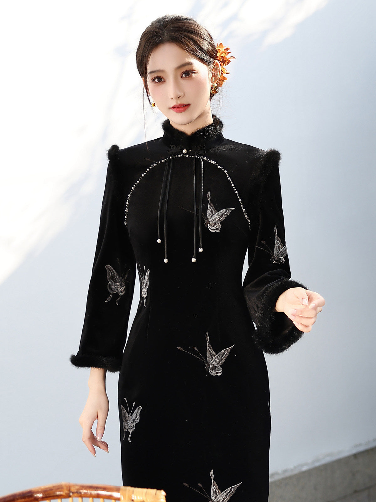 Long Sleeve Fur Trim Midi Qipao | Sliver Butterfly
