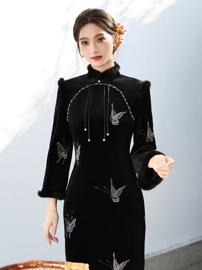 Long Sleeve Fur Trim Midi Qipao | Sliver Butterfly
