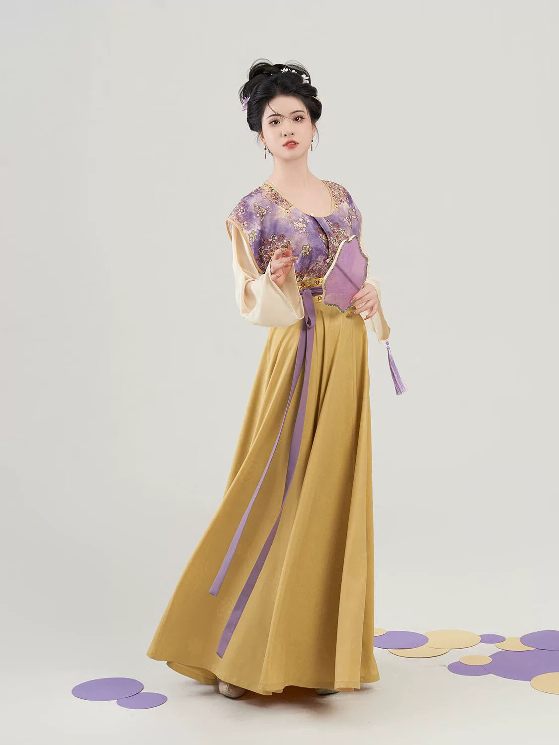 Tang Dynasty Modern Hanfu Set with Beizi Overlay & Flowing Eight-Panel Skirt - Taro Paste Egg Yolk 芋泥蛋黄 (Preorder)