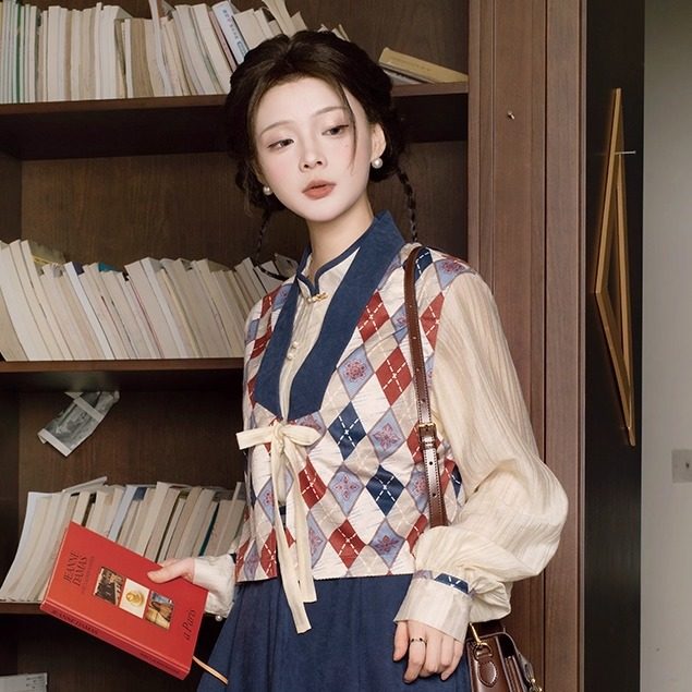 New Chinese Style Tencel Long Sleeve Top and Elastic Skirt with Pockets - Red Glaze 霁蓝红釉