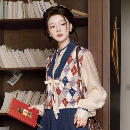 New Chinese Style Tencel Long Sleeve Top and Elastic Skirt with Pockets - Red Glaze 霁蓝红釉