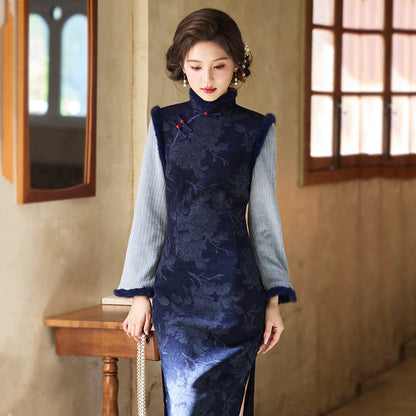Long Sleeve Fur Trim Floral Qipao | Slow Days