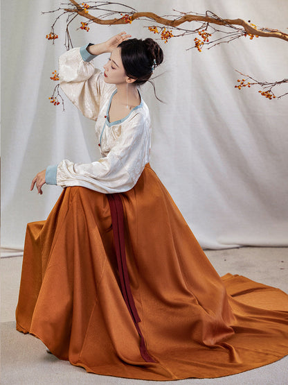 Tang Dynasty Modern Hanfu Round Collar Top and Pleated Wrap Skirt - Crimson Banquet 惊鸿宴 (Preorder)