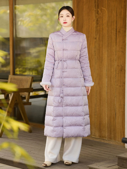Pavilion Ink 兰亭墨 - Lilac Down Coat for Women with Frog Buttons, Qipao-Inspired Winter Outerwear