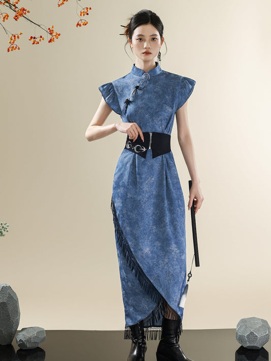Blue Tie-Dye Modern Qipao Dress | Mandarin Collar Tassel Cheongsam