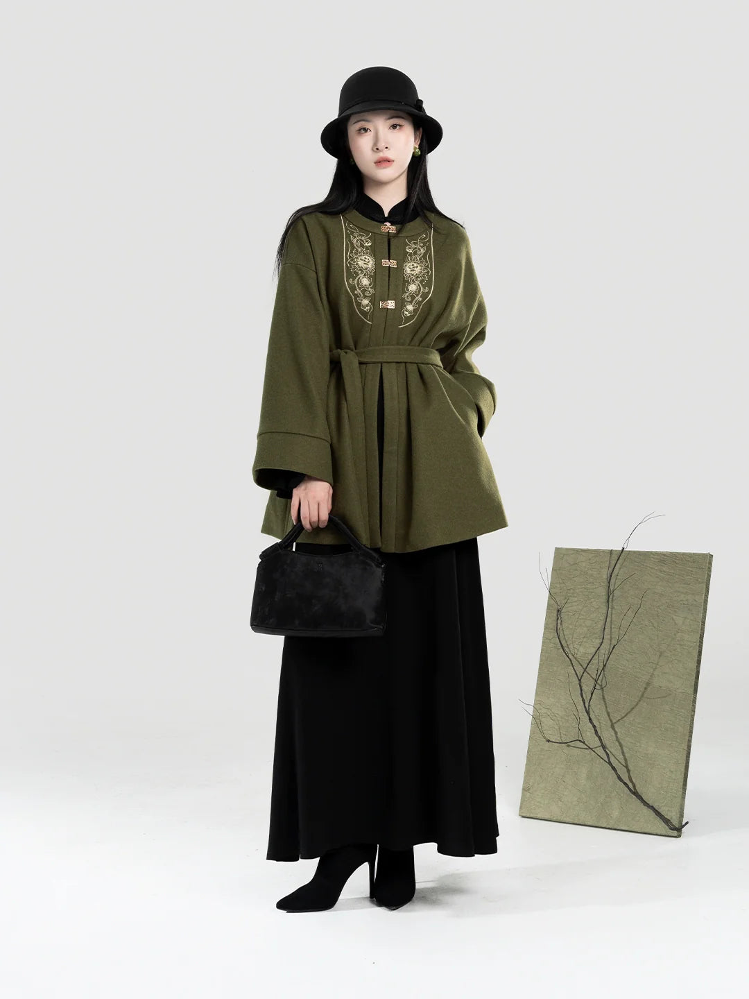 New Chinese Style Women A-Line Dress with Flared Sleeves - Moss Stone 苔石 (Preorder)