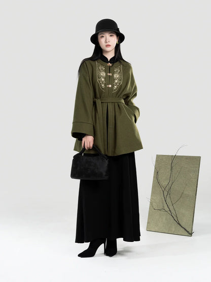 New Chinese Style Women A-Line Dress with Flared Sleeves - Moss Stone 苔石 (Preorder)