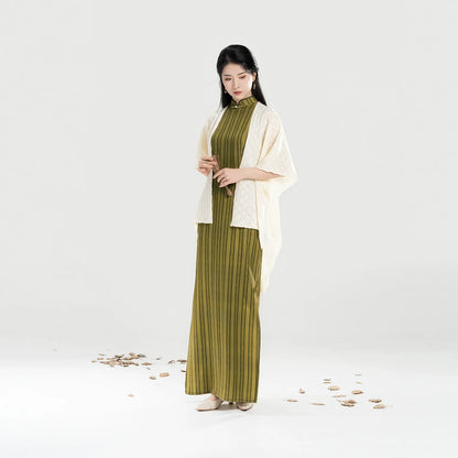 New Chinese Style Sleeveless Qipao Cloud-Motif Dress with Merino Wool Knit Shawl - Jade Willow 玉柳 (Preorder)
