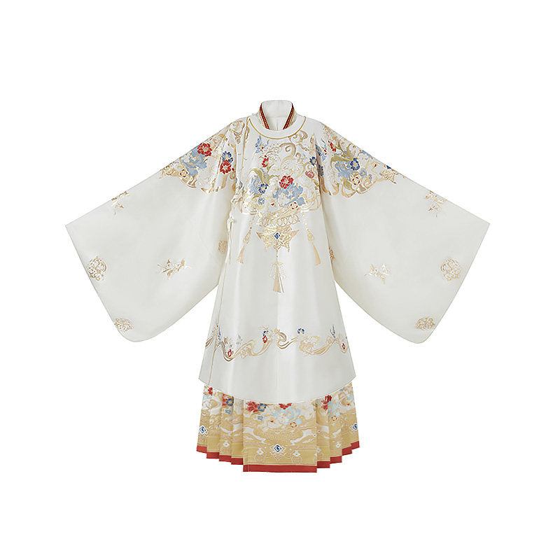 Ming Dynasty Wedding Hanfu Set with Brocade Round Collar Robe & Mamian Skirt | Gilded Grace 鎏金