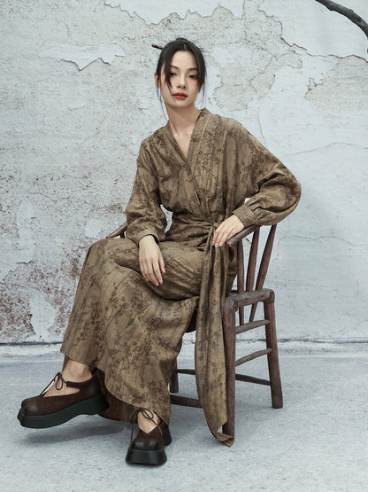 New Chinese Style V Neck Long Sleeve Jacquard Dress