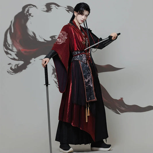 Burning Night - red and black cross-collar hanfu set, wuxia style warrior robe — side profile