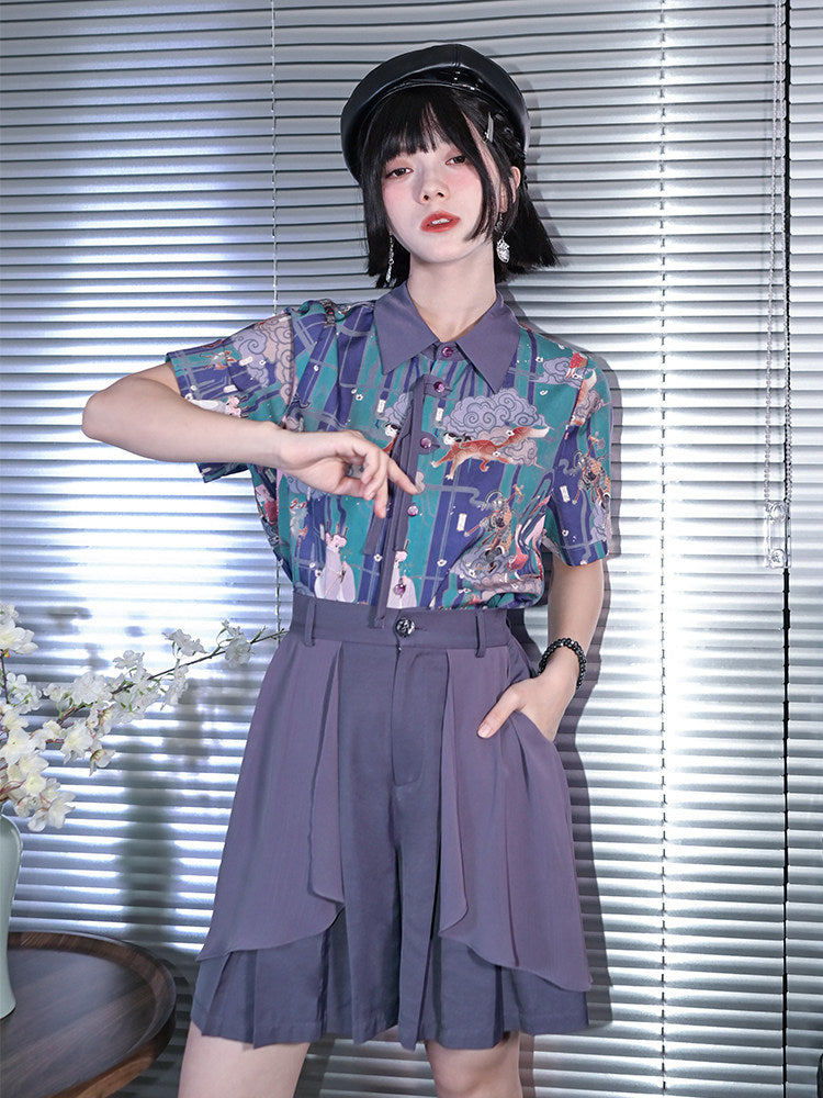 New Chinese Style Short Sleeve Dunhuang Print Shirt - Phantom World 幻世集