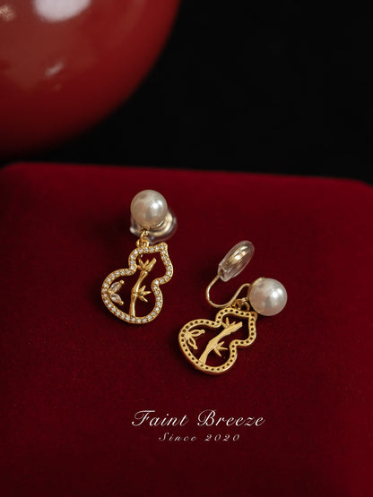 Golden Bamboo Leaf Gourd Earrings | Hanfu Jewelry