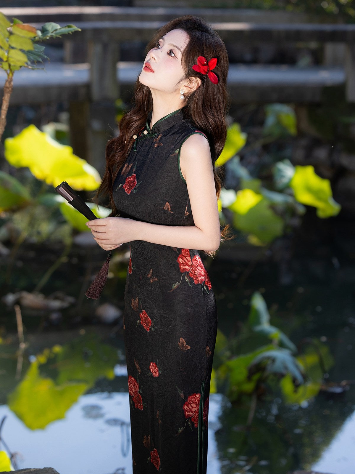 Sleeveless Floral Long Cheongsam | Burgundy Rose