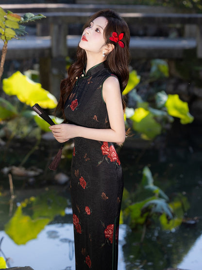 Sleeveless Floral Long Cheongsam | Burgundy Rose