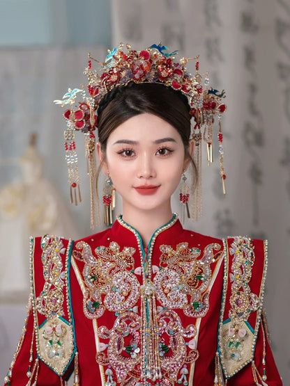 Twilight Azure - Red and Blue Phoenix Crown Bridal Headpiece Handmade Tassel Chinese Wedding Hair Accessories for Hanfu Bride