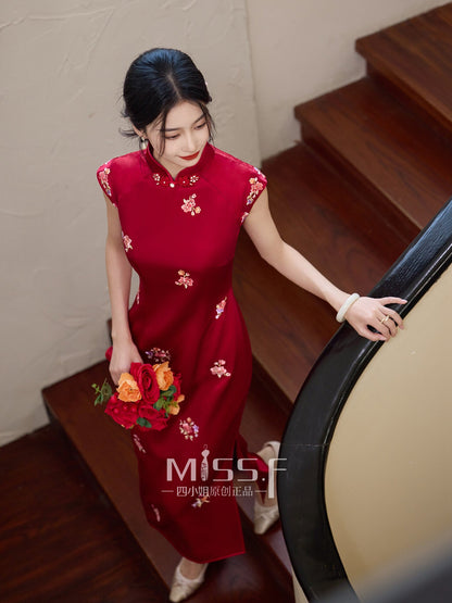 Chinese Wedding Engagement & Tea Ceremony Sleeveless Cheongsam | Jinseliangyuan