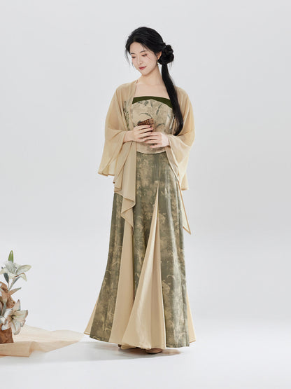 Lilies | Modern Chinese Zen Embroidered Chiffon Shawl Top and Skirt Set