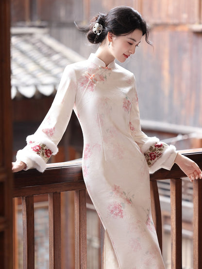 Long Sleeve Fur Trim Soft Pink Floral Qipao | Blush