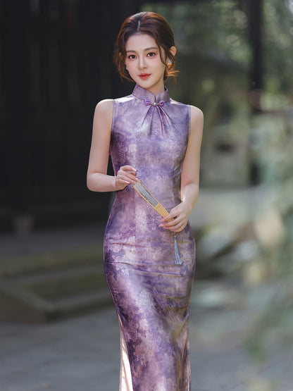 Sleeveless Violet Long Cheongsam | Resonate